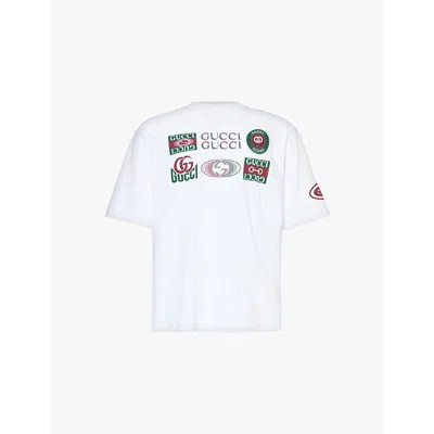 Gucci Mens White Mc Brand-print Crew-neck Relaxed-fit Cotton-jersey T-shirt