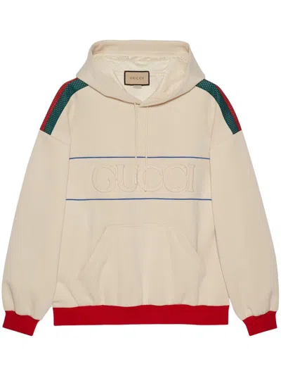 Gucci Men's White Mesh Detail Logo-embossed Hoodie For Fw23 In Neutral