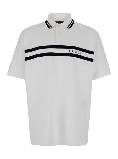 GUCCI GUCCI MEN WHITE POLO SHIRT WITH STRIPED COLLAR AND GUCCI LOGO IN STRETCH COTTON PIQUET MAN