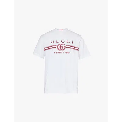 Gucci Mens White Red Brand-print Crew-neck Relaxed-fit Cotton-jersey T-shirt