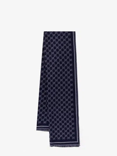 Gucci Men Wool Gg Scarf In Blue