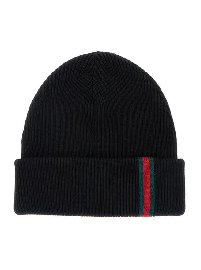 GUCCI GUCCI MEN BLACK RIBBED KNIT BEANIE WITH WEB DETAIL ON THE FRONT IN WOOL MAN