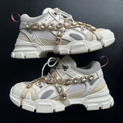 Pre-owned Gucci Mens $1590  Flashtrek Sneaker Boot Pure White Crystals (size 12)
