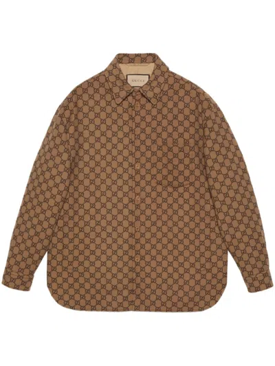 GUCCI MENS BEIGE WOOL FLANNEL JACKET IN SIGNATURE GG SUPREME PRINT