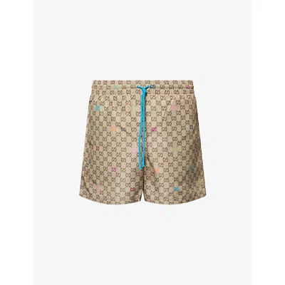 Gucci Mens Beige/ebony/mc Gg Logo-print Swim Shorts