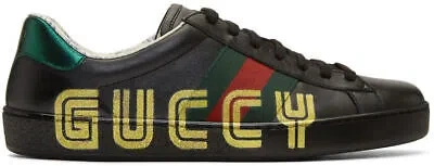 Pre-owned Gucci Mens Black Ace Guccy Leather Gold Flat Low Top Lace Sneakers 6.5 7.5