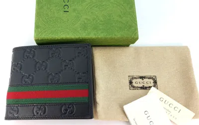Pre-owned Gucci Mens Black Bi Fold Web Strip Red Green Gssima Wallet With Box