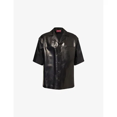 Gucci Mens Black Logo-embroidered Short-sleeve Leather And Woven Polo Shirt