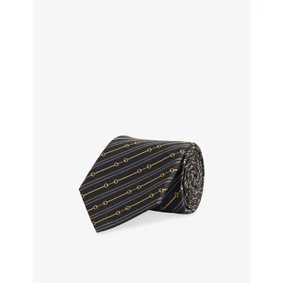 Gucci Mens Black/medium Grey Horsebit Jacquard Silk Tie In Multi