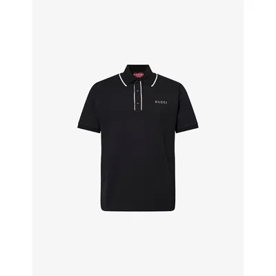 Gucci Mens Logo-embroidered Contrast-stripe Cotton-pique Polo Shirt Black/mix Xxl