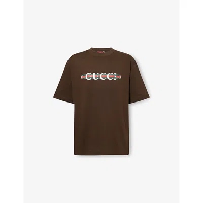 Gucci Mens Brown/mc Logo-print Crewneck Cotton T-shirt
