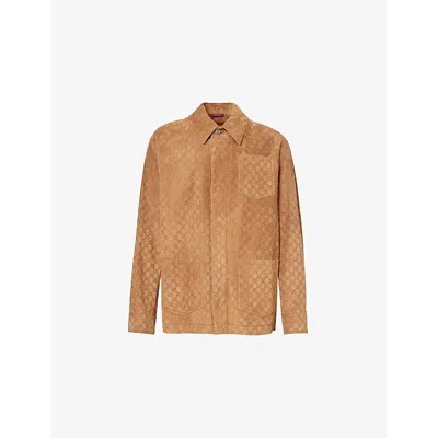 Gucci Mens  Monogram Three-patch-pockets Relaxed-fit Suede Jacket In Camel