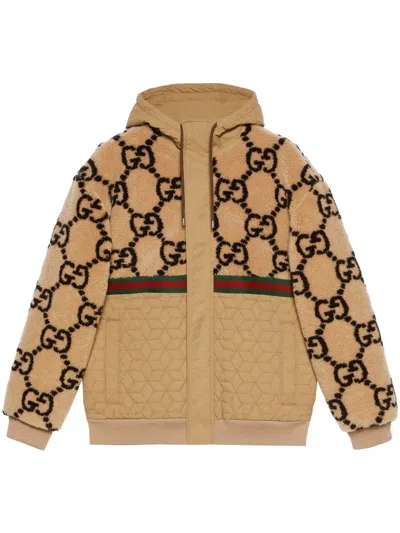 GUCCI MENS CAMELBROWN ZIP-UP JACKET WITH GG JACQUARD DESIGN FOR SPRING/SUMMER 2024