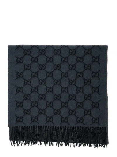 Gucci Mens Cashmere Scarf With Fringed Edge And Gg Jacquard Motif In Blue