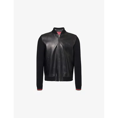 Gucci Mens Crew-neck Knitted-long-sleeves Regular-fit Leather Jacket Black Green Red