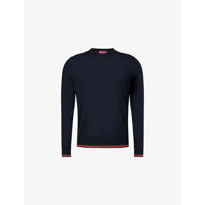 Gucci Mens Ink Green Red Crewneck Regular-fit Wool Jumper In Blue