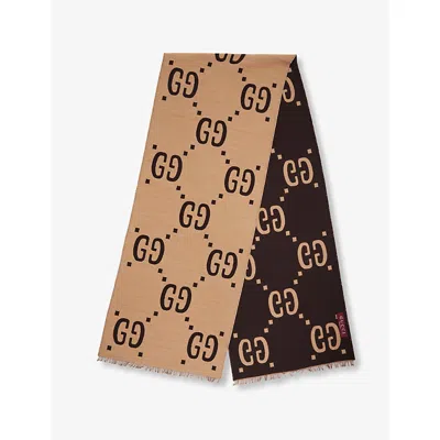 Gucci Mens Dark Brown/beige Oversized Gg Motif-print Silk-wool Blend Scarf In Multi