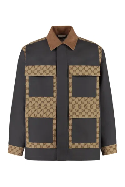 GUCCI MENS GREY COTTON JACKET WITH CONTRASTING COLLAR AND GG SUPREME FABRIC INSERTS