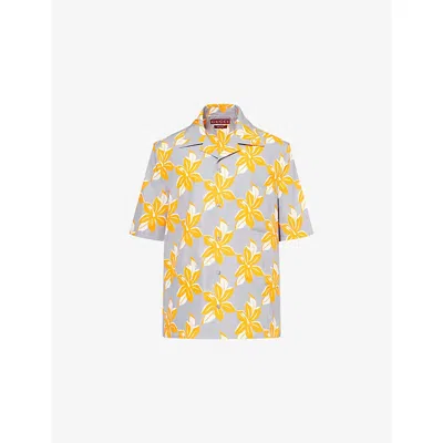 GUCCI MENS GREY ORANGE TWIST FLORAL-PRINT SHORT-SLEEVE COTTON SHIRT