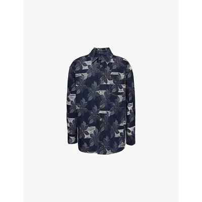 Gucci Mens  Floral-jacquard Relaxed-fit Denim Shirt In Blue