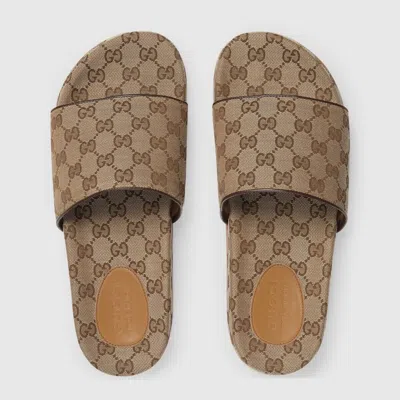 Pre-owned Gucci Mens  Gg Canvas Slides Size 9us In Beige