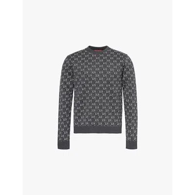 GUCCI MENS DARK GREY BLACK GG-JACQUARD CREWNECK WOOL JUMPER