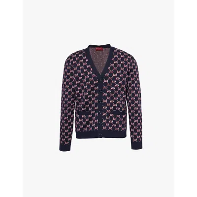 Gucci Mens Blue Bordeaux Gg-jacquard V-neck Wool Cardigan