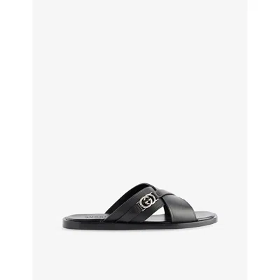 GUCCI MENS NERO INTERLOCKING G LEATHER SLIDERS EUR 45 / 11 UK