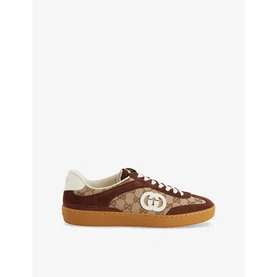Gucci Mens Fondente Brown Interlocking G Low-top Suede Trainers