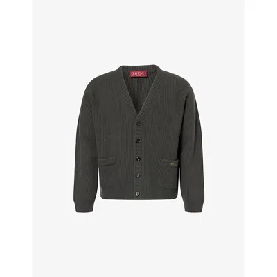 Gucci Mens Knitted-logo V-neck Wool-cashmere Blend Cardigan Forest Green/green In Black