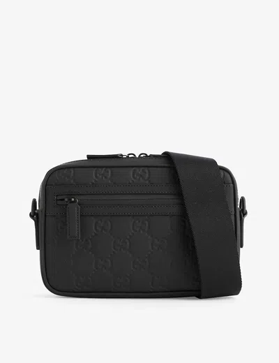 Gucci Mens Black/black/black Monogram-debossed Leather Cross-body Bag