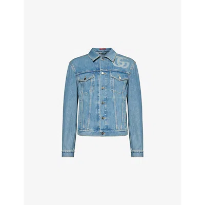 GUCCI MENS BLUE IVORY MONOGRAM-PRINT BUTTONED-POCKETS RELAXED-FIT DENIM JACKET