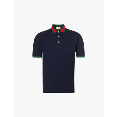 GUCCI MENS NAVY MULTICOLOR STRIPED-COLLAR REGULAR-FIT STRETCH-COTTON PIQUÉ POLO SHIRT
