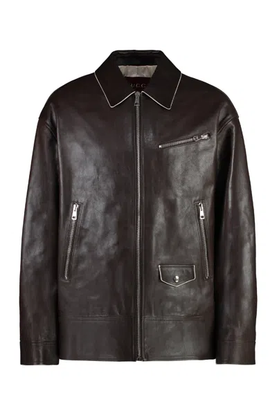 Gucci Mens Lamb & Calf Leather Jacket With Contrasting Details In Brown