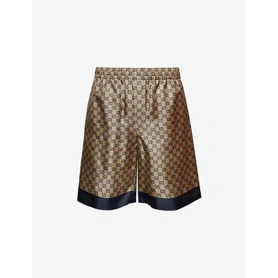 Gucci Mens Monogram-print Two-slip-pockets Relaxed-fit Silk Shorts Blue Beige Mc