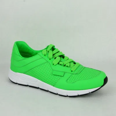 Pre-owned Gucci Mens Neon Green Leather Lace-up Running Sneakers 369088 3707