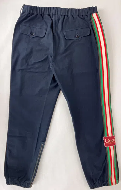 Pre-owned Gucci Mens Night Blue Wrinkled Washed Bgrw Canvas Web Pants 48/us 32 615775 4641