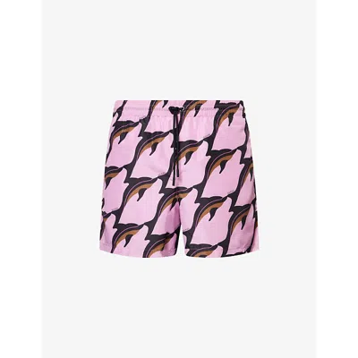 Gucci Mens Pink Deep Brown Printed Technical Poplin Swim Shorts In Multi