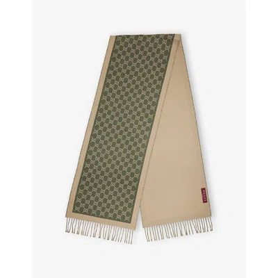 Gucci Mens Reseda/beige Monogram-print Fringed Wool Scarf