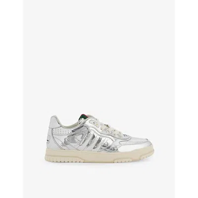 Gucci Mens Silver Re-web Mirror Leather Low-top Trainers