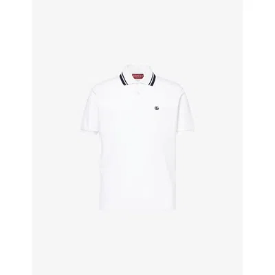 Gucci Mens White Logo-embroidered Stripe-collar Cotton-pique Polo Shirt