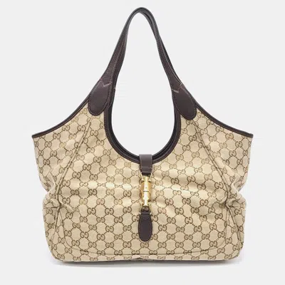 Pre-owned Gucci Mercato Beige/brown Canvas Medium Tote Bag (866645) In Sand