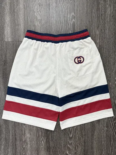 Pre-owned Gucci Mesh Monogram Basket Gym Shorts Navy Blue Red In Sand