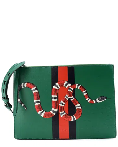 Gucci Messenger Bag Snake Printed Leather Large (authentic Pre-loved) In Green