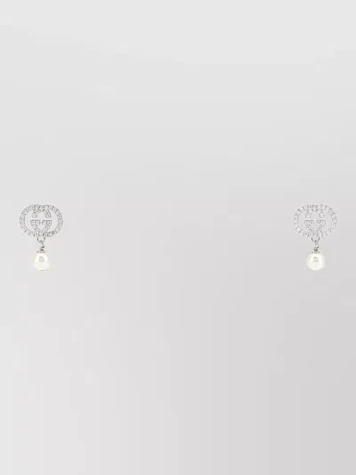 Gucci Metal Earrings Crystal Accents Pearl Studs In Silver