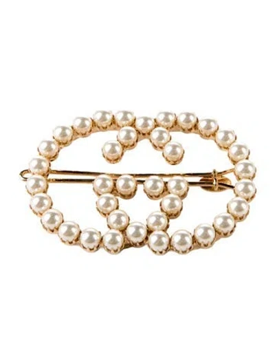 Pre-owned Gucci Metal Pearl Double G Brooch In Gold