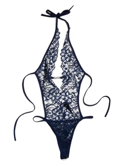 Gucci Metal-detail Halterneck Bodysuit Top With Lace-up Neckline In Blue