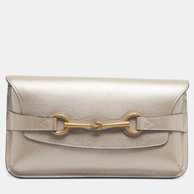 Pre-owned Gucci Metallic Beige Leather Bright Bit Clutch In Sand
