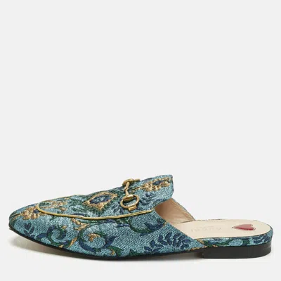 Pre-owned Gucci Metallic Blue Brocade Fabric Princetown Flat Mules Size 39