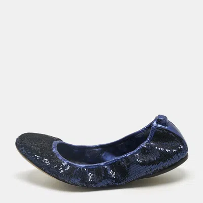 Pre-owned Gucci Metallic Blue Leather And Sequins Embellish Scrunch Ballet Flats Size 39